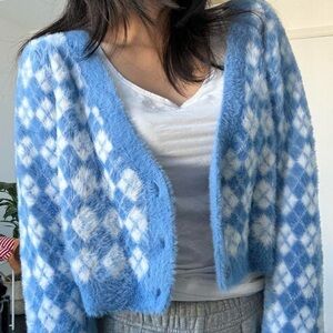 Aritzia Blue and White Fuzzy Cardigan